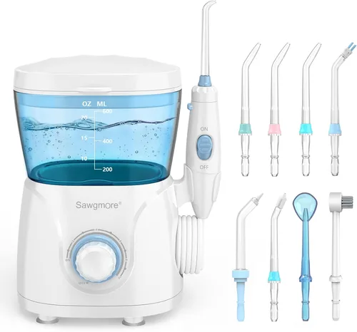 Vista 9 de Sawgmore FC166 - Irrigador dental de agua para dientes y aparatos ortopédicos, gran capacidad de 20.3 fl oz, 10 presiones ajustables, 8 boquillas