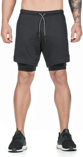 Vista 2 de Akk Pantalones cortos 2 en 1 para hombre, para correr, entrenamiento, yoga, gimnasio, deportes, con bolsillos para teléfono con cremallera