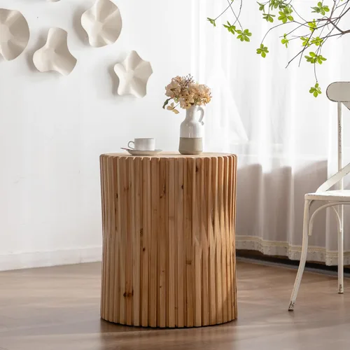 Vista 4 de Mesa auxiliar cilíndrica de estilo retro con diseño de relieve de textura vertical, adecuada para sala de estar, oficina y comedor