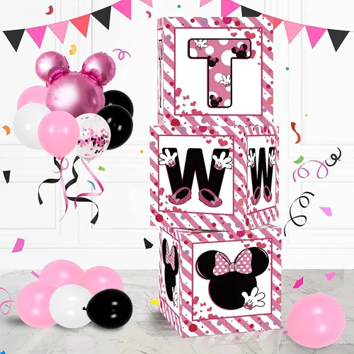 Vista 8 de Suministros de cajas de globos para fiesta de primer cumpleaños para bebé, niñas 3 piezas con temática de ratón rosa, cajas de globos de un año