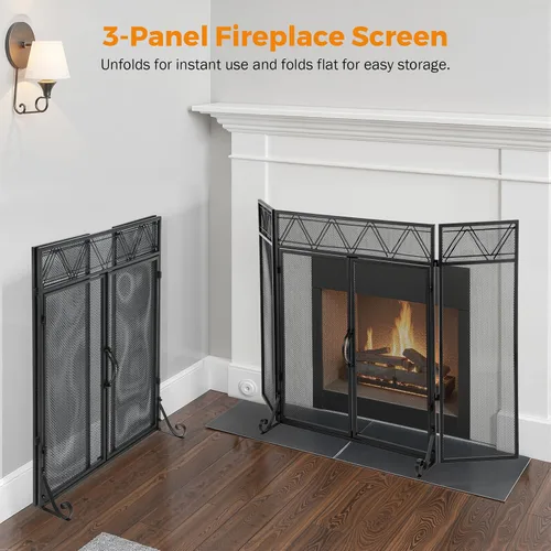 Vista 5 de BEAMNOVA - Pantalla para chimenea de 50.2 x 34.3 pulgadas, color negro, con puertas y herramientas, protector contra chispas de 3 paneles, plegable