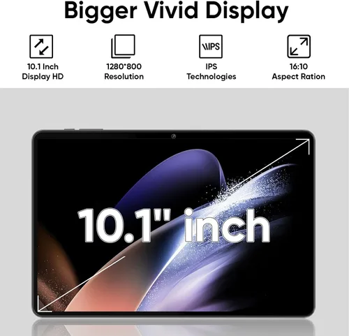 Vista 4 de Tableta 10 pulgadas Android 15 Tablets, 12GB RAM 64GB ROM 1TB Expand, procesador Quad-Core, pantalla táctil LCD 1280x800, WiFi 5, cámara dual Negro