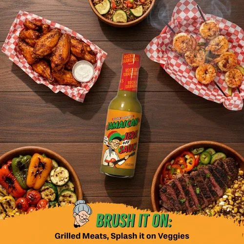 Vista 6 de Rockin' Grandma's Jamaican Jerk Sauce de Dave's Gourmet, 5 onzas líquidas - Destacado en Prime Video's Jury Duty: Company Retreat - Salsa picante