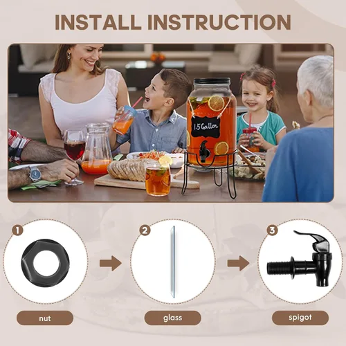 Vista 5 de Dispensadores de bebidas de vidrio de 1.5 galones para fiestas, dispensadores de bebidas heladas con soporte, dispensador de agua de vidrio