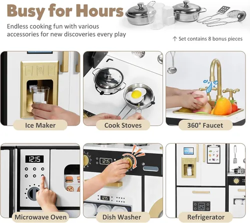 Vista 2 de TODEFULL Juegos de cocina para niños, juego de cocina de madera para niños, cocina de juguete interactiva con congelador, lavadora, máquina de hielo