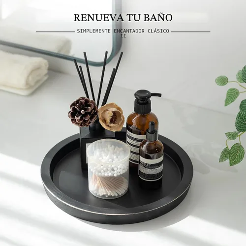 Vista 3 de Hanobe - Bandeja redonda de madera para portavelas, decoración de centro de mesa de centro de centro de mesa negra Placas decorativas rústicas