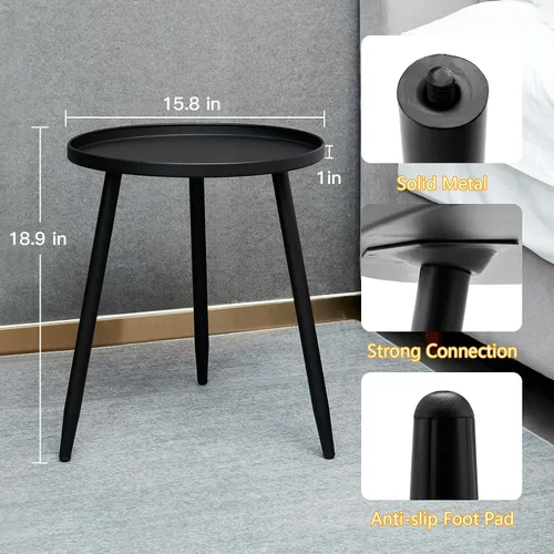 Vista 3 de Linpla Mesas auxiliares/auxiliares decentes – Pequeña mesa redonda decorativa, mesitas de noche estrechas de metal negro con 3 patas, ideal