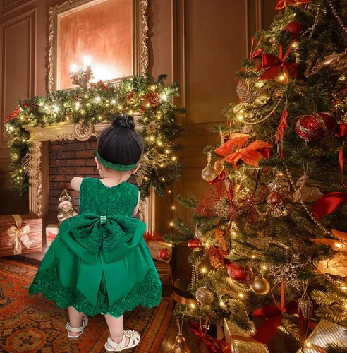 Vista 2 de Vestido tutú para niñas de 0 a 6 años, con lazo grande, para boda, Navidad, encaje, con diadema, Blanco