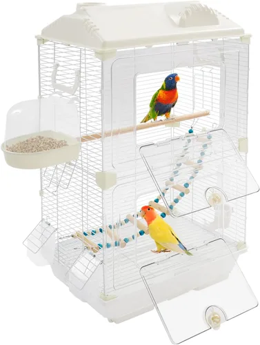 Vista 11 de Jaula grande para pájaros con tragaluz abierto, soporte rodante y 5 puertas, jaulas móviles para loros, jaula de vuelo para pájaros de mascotas