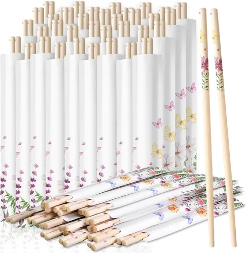 Vista 8 de 50 pares de palillos de flor de cerezo a granel con funda azul, palillos desechables de bambú de eucalipto, favores de boda, suministro de comida