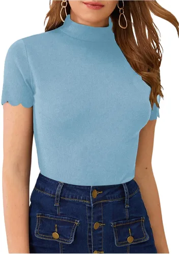 Vista 17 de SweatyRocks - Camiseta de manga corta con cuello alto, canalé y bordes envoltorio para mujer Beige
