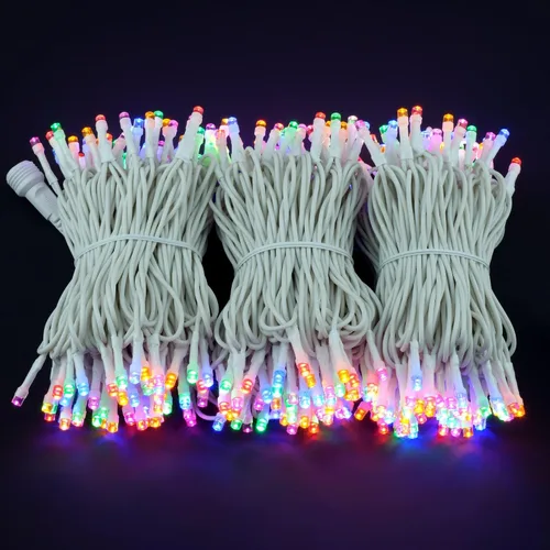 Vista 2 de 300 luces LED multicolor de Navidad, cadena de luces LED de gran angular de 5mm de 30,48 metros con adaptador de 8 modelos (cable blanco)