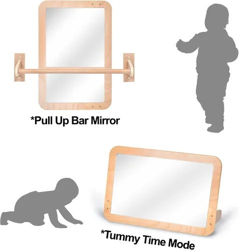 Vista 7 de Montessori Baby Espejo de seguridad inastillable 2 en 1 con barra de dominadas, montaje en pared infantil y juego en el suelo para el tiempo boca