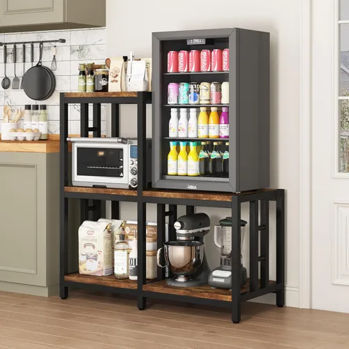 Vista 9 de Mini soporte para refrigerador con almacenamiento, gabinete negro para barra de café con espacio para mini refrigerador, soporte para microondas