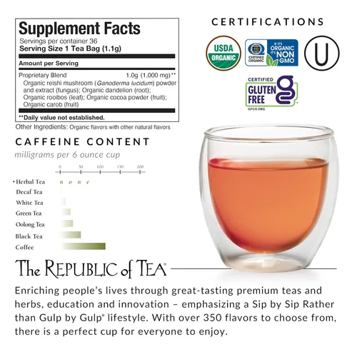 Vista 2 de The Republic of Tea - Té herbal SuperAdapt de restauración y reinicio, 36 bolsas de té, orgánico, sin cafeína, té herbal de hongo Reishi y cacao