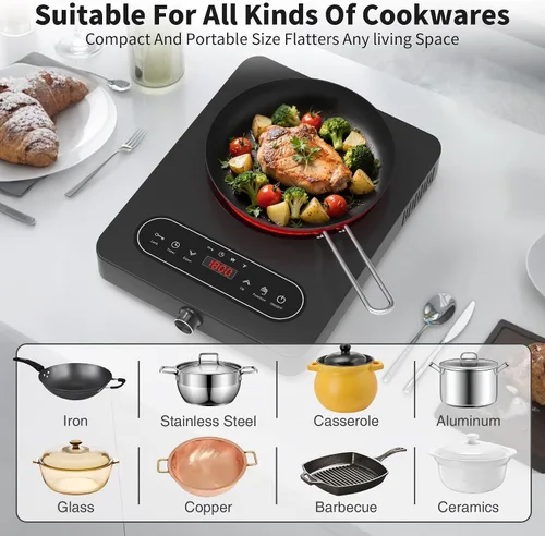Vista 4 de VBGK Cocina eléctrica de un solo quemador, 110 V 1800 W con controles táctiles LED y controles de perilla, 10 niveles de potencia, temporizador de 4