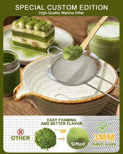 Vista 4 de Vaiheng Juego de batidor de matcha con cuenco matcha, soporte para batidor de matcha, batidor de bambú matcha, cuchara, tamiz, regalos del día