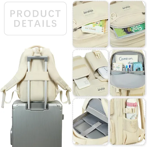 Vista 4 de Abshoo Mochila grande resistente para escuela y universidad. Mochila casual con múltiples bolsillos para viajes Beige