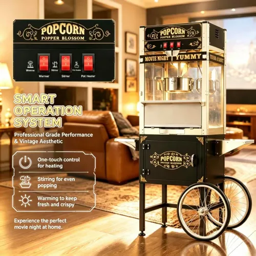 Vista 3 de 20 OZ Commercial Popcorn Machine with Cart - Stainless Steel Kettle Popper with Wheels, Warming Deck & Tempered Glass, for Business, School