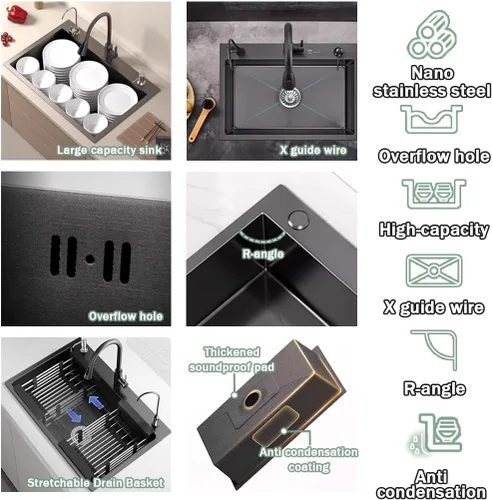 Vista 5 de Fregadero de cocina de montaje superior con caída de 3 agujeros, fregadero de un solo cuenco de acero inoxidable con escurridor y dispensador