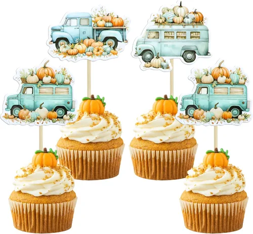 Vista 19 de 24 adornos de calabaza para cupcakes con purpurina para otoño, hojas, flores, calabaza, cupcakes, decoración de pasteles para Halloween, decoración