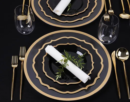 Vista 3 de PLASTICPRO Juego de 32 elegantes platos desechables de plástico que incluye 16 platos llanos y 16 platos de ensalada, platos de fiesta resistentes