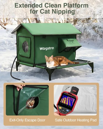 Vista 5 de Casa Grande Climatizada para Gatos de Exterior con Plataforma Sin Humedad, Muy Elevada, Puerta de Solo Salida, Refugio Exterior Aislado e