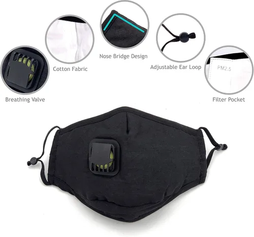 Vista 4 de Mascarilla reutilizable lavable de algodón de alta calidad con válvula de respiración y bolsillo para filtro (incluye 5 filtros gratis)
