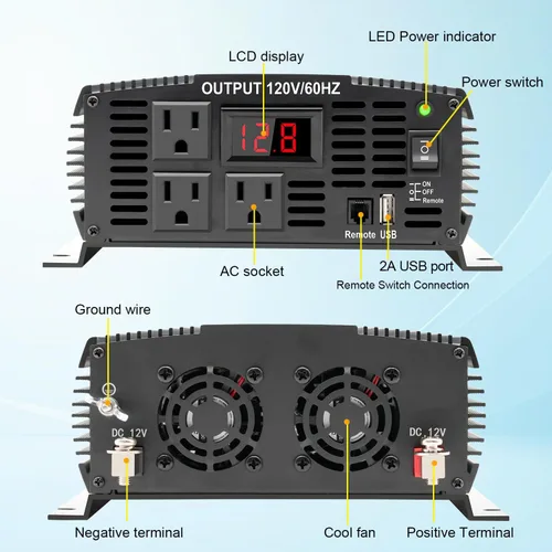 Vista 2 de Inversor de corriente para automóvil de 2000 vatios, 12 V a 110 V/120 V, inversor para automóvil, camión, semirremolque, vehículos, camping, con 1
