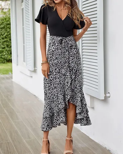 Vista 8 de BTFBM Vestidos largos de verano para mujer, manga corta, cuello en V, estampado floral, bohemio, cintura alta, con volantes, vestido largo de cóctel