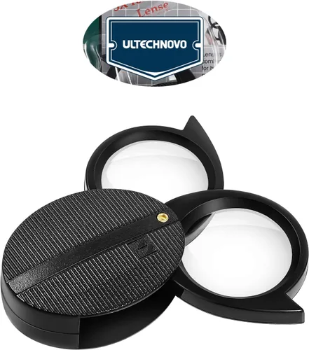 Vista 2 de ULTECHNOVO Lupa De Bolsillo Plegable Portátil De Mano De Vidrio Óptico Artesanía Lupa Para Mujeres Y Hombres Lectura (Dual Lens (5X/10X) - Negro