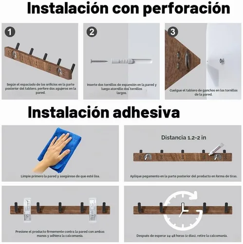 Vista 6 de Perchero de pared para colgar abrigos, ganchos de madera de nogal Perchero con 5 ganchos