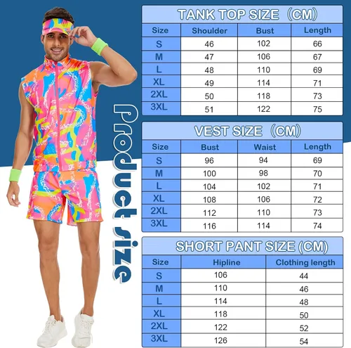 Vista 5 de 5 Pieces 80s Workout Costume for Men Halloween Cosplay 80s 90s Workout Outfit Party Clothing for Adult Mens
