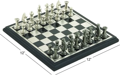 Vista 5 de Deco 79 Juego de ajedrez de metal de aluminio, juego 12" x 12" x 1", plata Negro