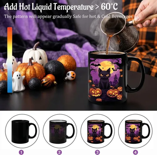 Vista 6 de Caliamary Halloween Color Changing Mug – 11oz Heat Sensitive Coffee Cup with Black Cat & Pumpkin, Novelty Ceramic Mug, Fun Gift for Friends, Women