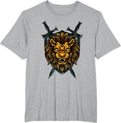 Vista 76 de Camiseta con diseño de caballero medieval renacentista, con diseño de espada de león, Negro, S
