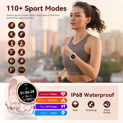 Vista 3 de Reloj inteligente para mujer, monitor de fitness HD de 1.27 pulgadas (respuesta/haz llamadas) con más de 110 modos deportivos/frecuencia