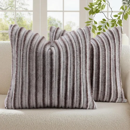 Vista 17 de decorUhome Fundas de almohada de piel sintética, juego de 2, decorativas, afelpadas, suaves, afelpadas, a rayas, parte posterior de terciopelo