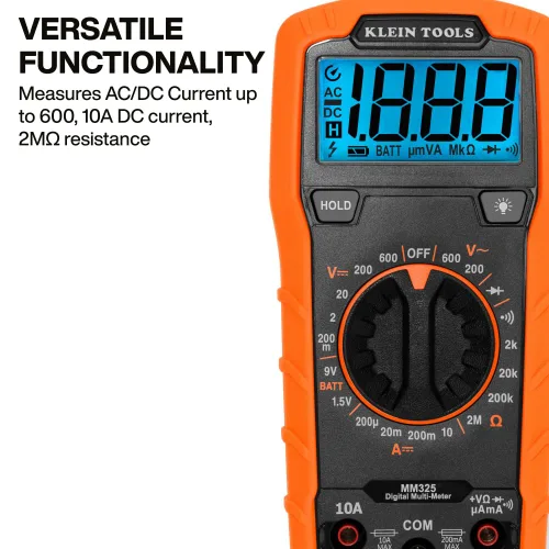 Vista 4 de Klein Tools 80196 Kit de multímetro digital con estuche, probador de voltaje CA/CC de rango manual de 600V, prueba baterías, corriente, resistencia