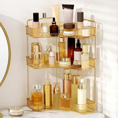 Vista 9 de Organizador de esquina para encimera de baño, estante de baño, organizador de maquillaje para tocador, bandeja de perfume para almacenamiento en Azul