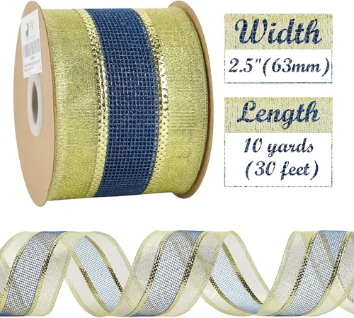 Vista 2 de HUIHUANG Cinta con Alambre Azul Marino y Dorado de 2.5 Pulgadas, Dorado Metálico con Cinta de Malla de Purpurina Dorada para Decoraciones de Árboles