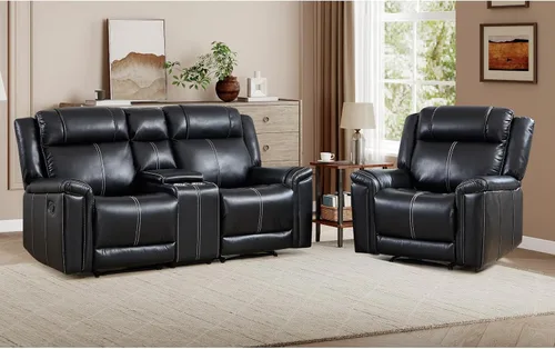 Vista 18 de EBELLO Sofá reclinable de cuero sintético de 3 plazas, sofá reclinable manual, silla de 3 asientos de estilo moderno de mediados de siglo con Marrón