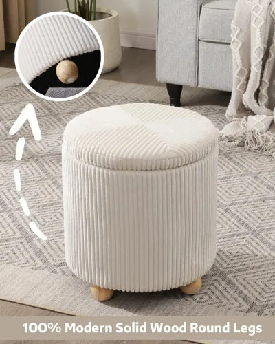 Vista 5 de Adeco Otomana redonda de almacenamiento, taburete tapizado para maquillaje, taburete de terciopelo para dormitorio, dormitorio beige