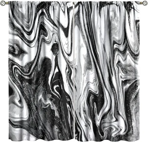 Vista 2 de Cortinas opacas con estampado abstracto de mármol en blanco y negro, para dormitorio, cafetería, comedor, oficina, sala de estar, cocina, 42 x 45