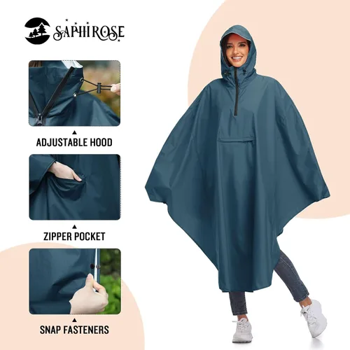 Vista 3 de SaphiRose Chaqueta ligera de ciclismo, poncho de lluvia con capucha, capa con rayas reflectantes para bicicletas (azul profundo)