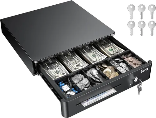 Vista 8 de Tera Cajón de caja registradora de 13" con apertura automática, resistente, con bandeja extraíble totalmente insertable, 5 teclas, 4 para billetes