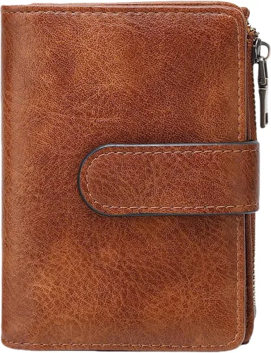 Vista 12 de Cartera pequeña de cuero vegano para mujer, billetera plegable y compacta con bolsillo para monedas con cremallera, Negro, Moderno