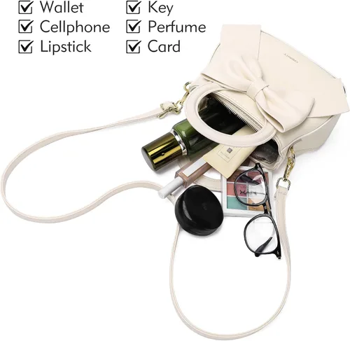 Vista 4 de Bolsos pequeños para mujeres tipo bandolera, bolso cruzado de cuero vegano y carteras con asa superior de transporte y lindo nudo de lazo