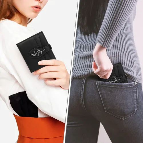Vista 7 de CONISY Cartera pequeña para mujer, con bloqueo RFID, de piel, delgada, plegable, bolsillo frontal, cartera para mujer con cremallera, Negro