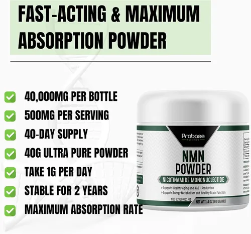 Vista 8 de Probase Nutrition Longevity Pure NMN Powder 40 Grams - Ultra-Pure, Fully Stabilized, Pharmaceutical Grade NMN to Boost NAD+, Nicotinamide
